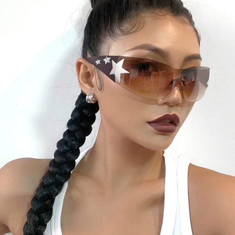 Haqptul Rimless Y2K Sunglasses Star Wrap Around Glasses 2000S Accessories for Women Men Trendy Fashion Cool Shield Shades - Image 3